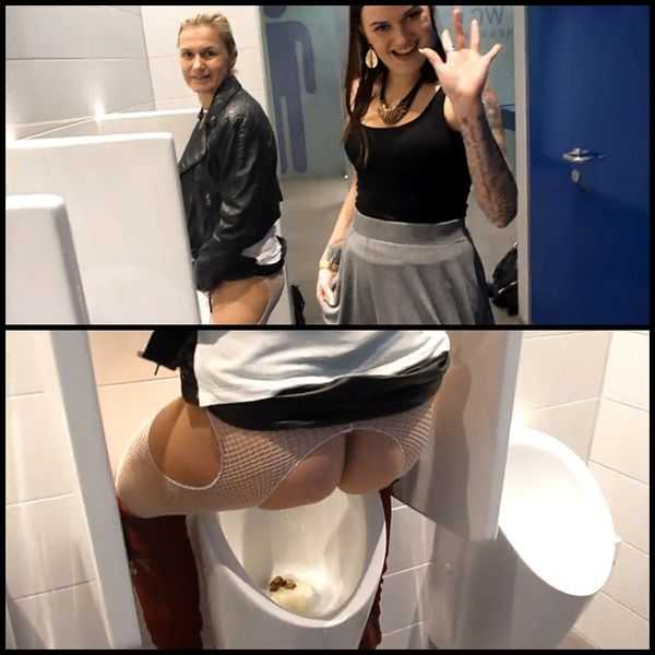 2 pussies pissing and crapping into urinal - scat porn, shitting girls