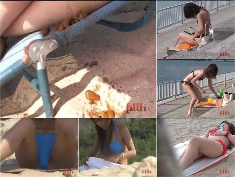 F9-02 | Mischievous enemas for catnapping girls in bikini. Sunbathing and pantypooping in sleep on the public beach.