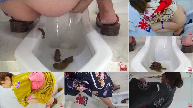 FF-148 Japanese girls wearing yukata and pooping on toilet. “Cameltoe” view.